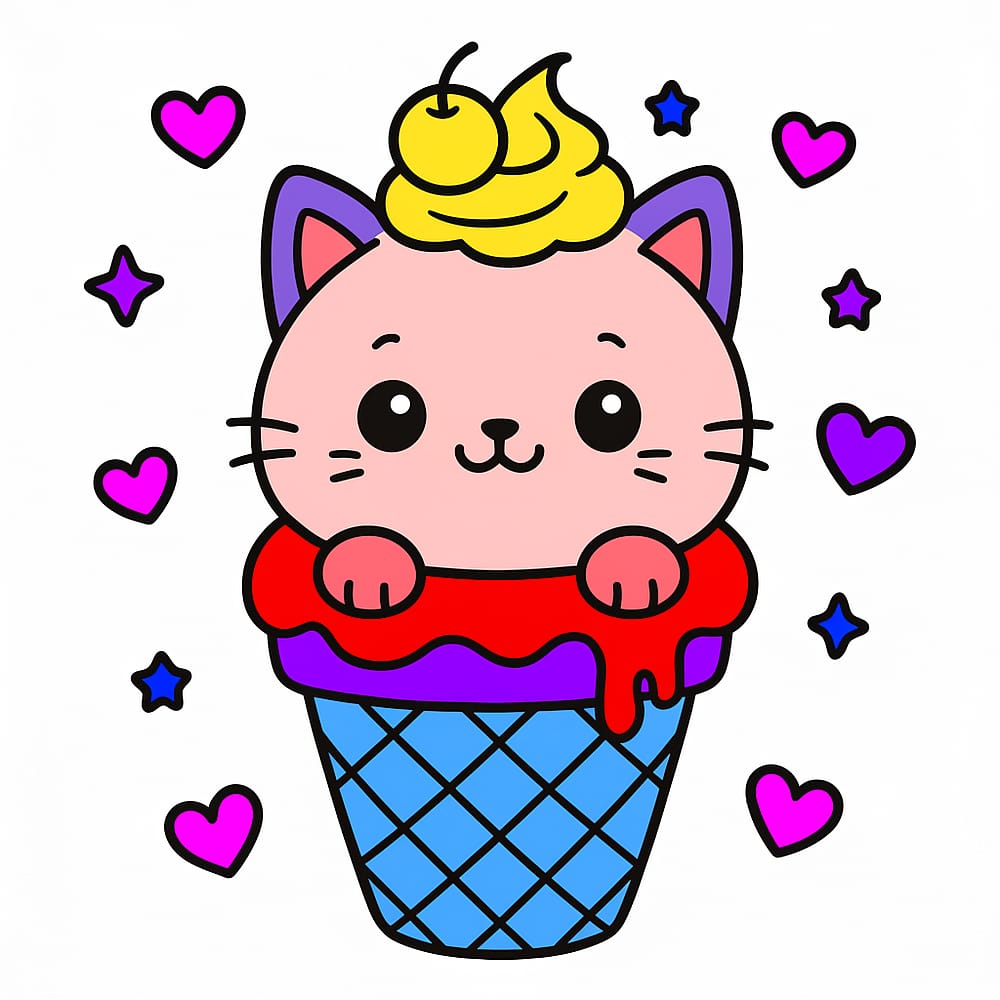Adorable Cat Ice Cream Cone Coloring Page colored version
