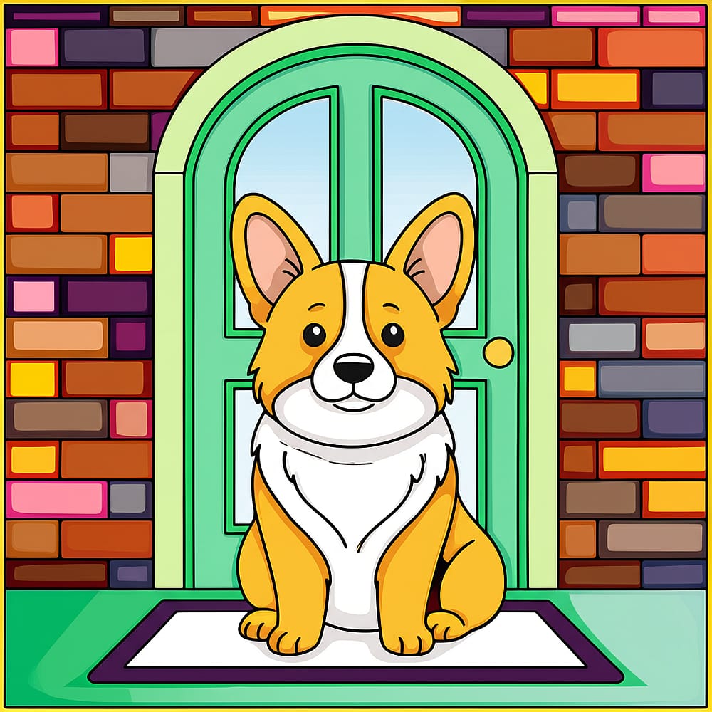 Adorable Corgi at the Door Coloring Page colored version