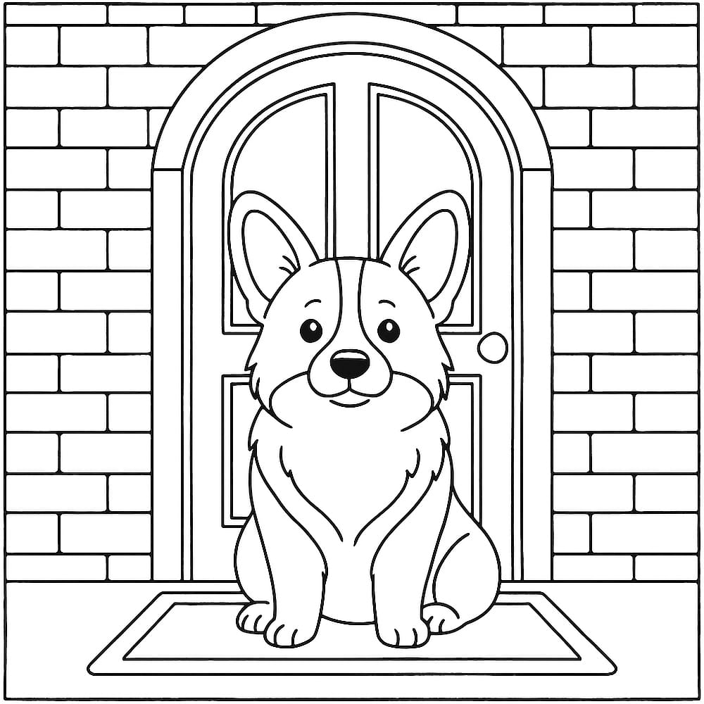 Adorable Corgi at the Door Coloring Page coloring page