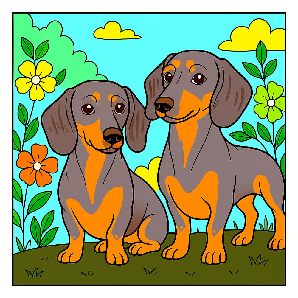 Adorable Dachshund Duo Coloring Page colored version
