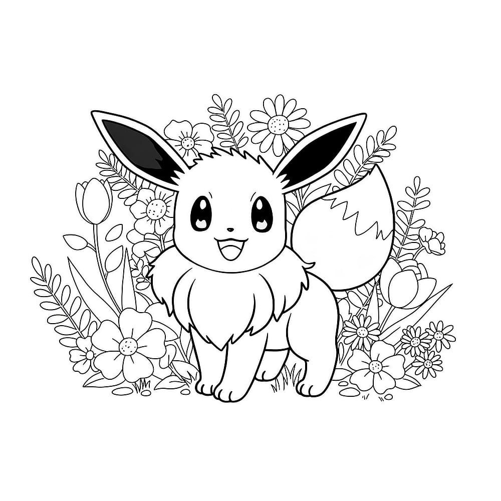Adorable Eevee in Flowers Coloring Page coloring page