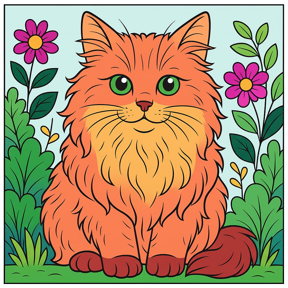 Adorable Fluffy Cat in Flower Garden Coloring Page colored version