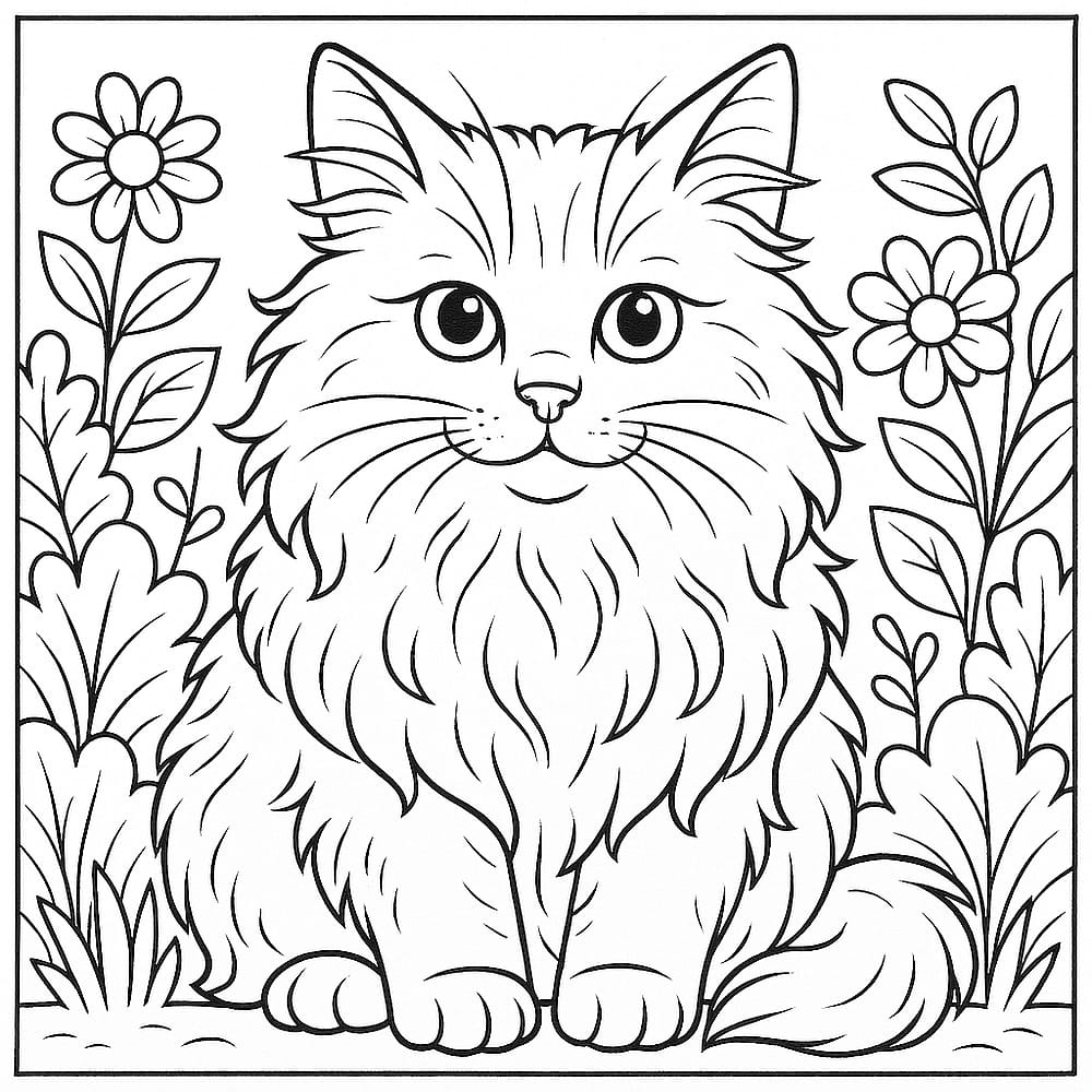 Adorable Fluffy Cat in Flower Garden Coloring Page coloring page