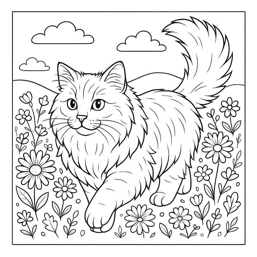 Adorable Fluffy Cat in Flower Meadow Coloring Page coloring page