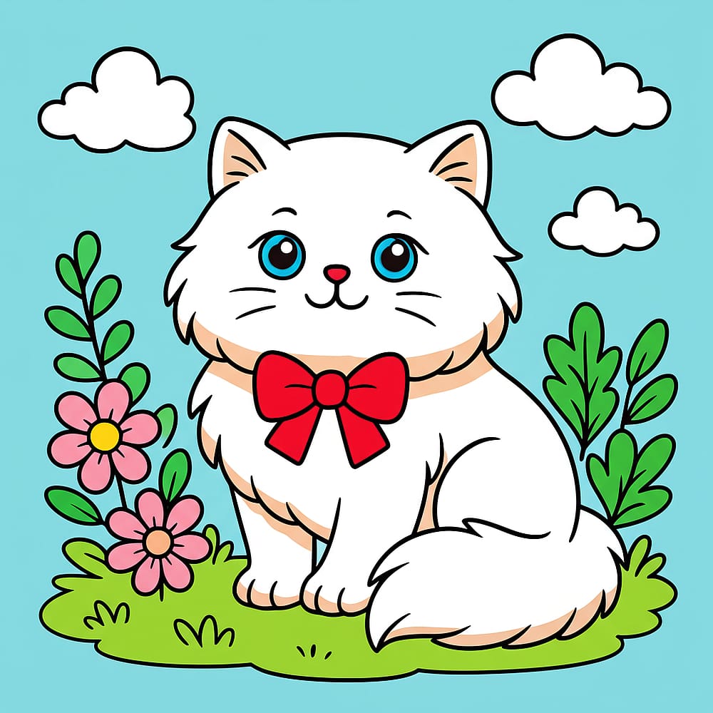 Adorable Fluffy Cat in Garden Coloring Page colored version