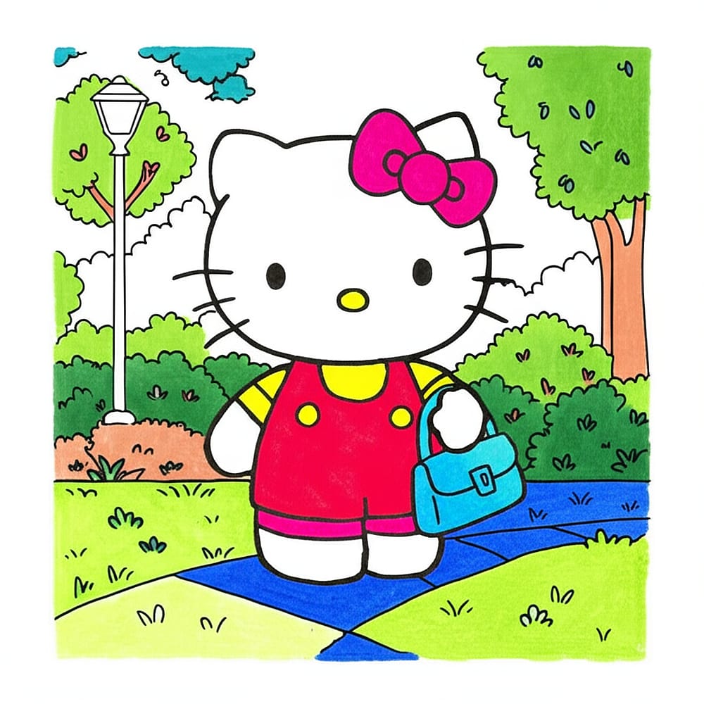 Adorable Hello Kitty Park Adventure Coloring Page colored version