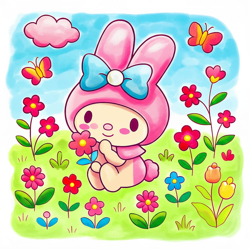 Adorable My Melody in Flower Garden Coloring Page colored version