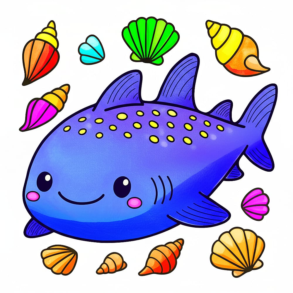 Adorable Shark and Seashells Coloring Page colored version