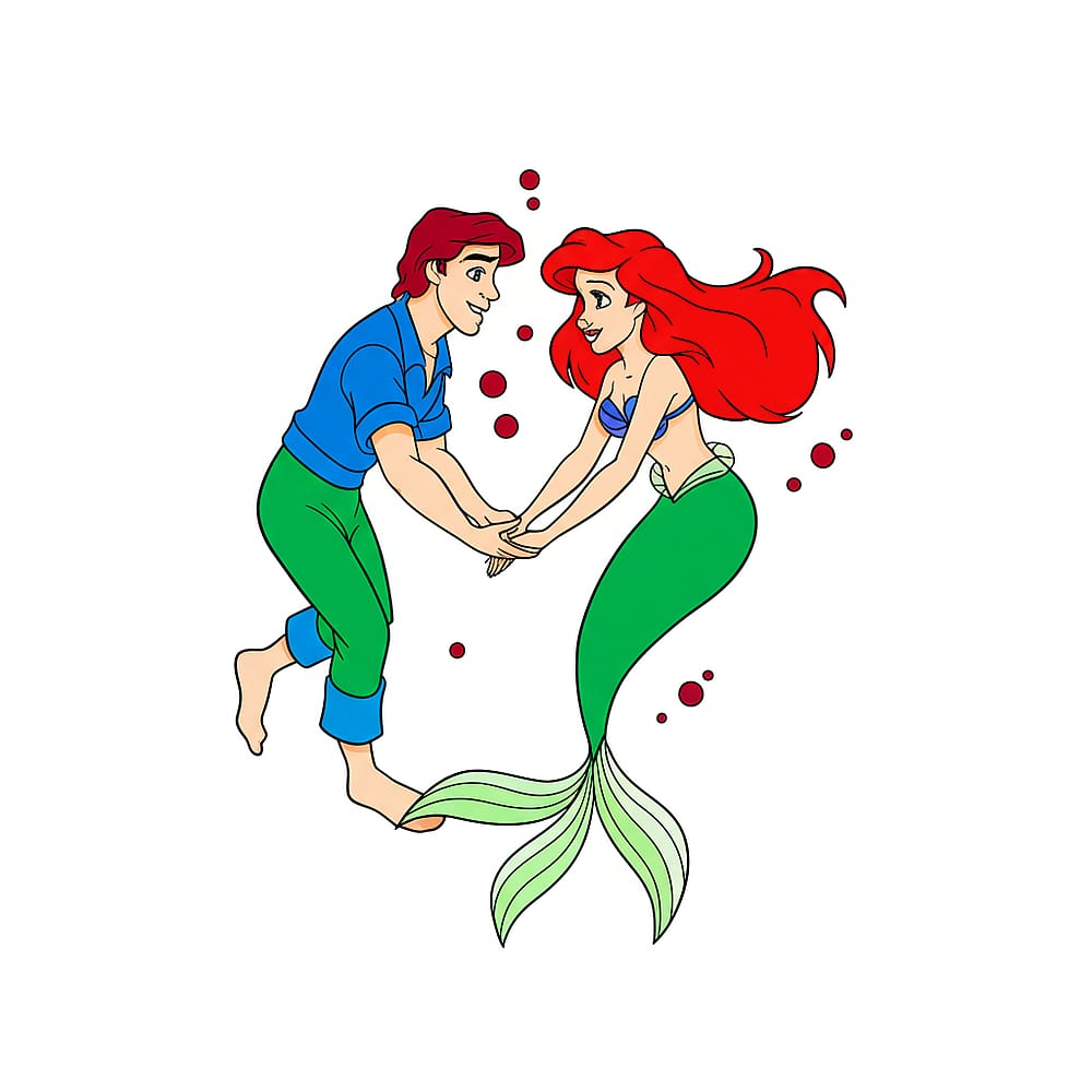 Ariel and Prince Eric Underwater Romance Coloring Page colored version