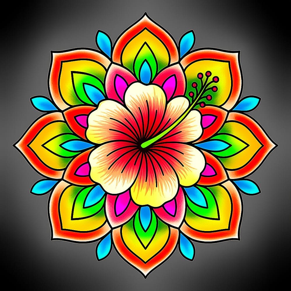 Beautiful Hibiscus Flower Mandala Coloring Page colored version