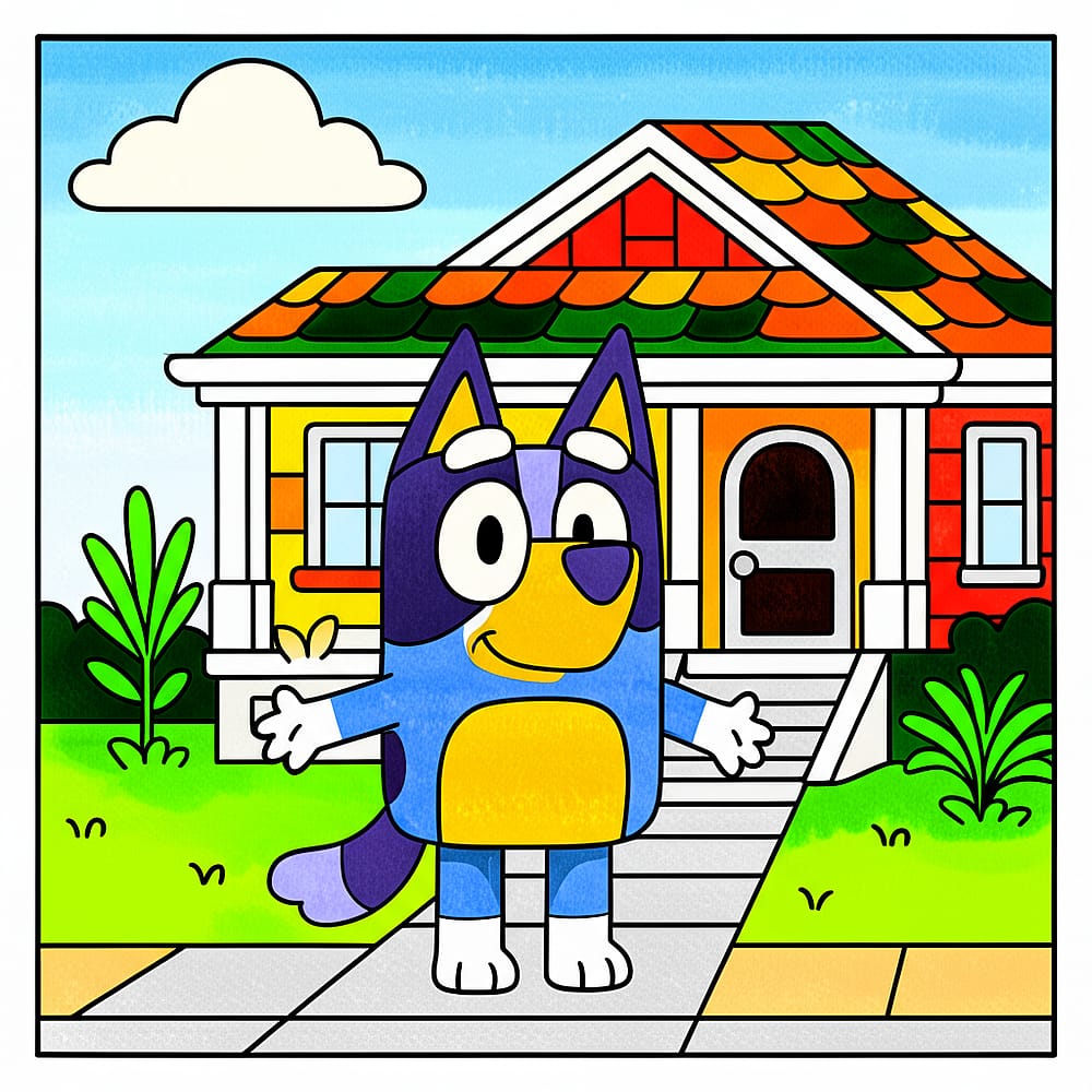 Bluey and Her House Coloring Page colored version