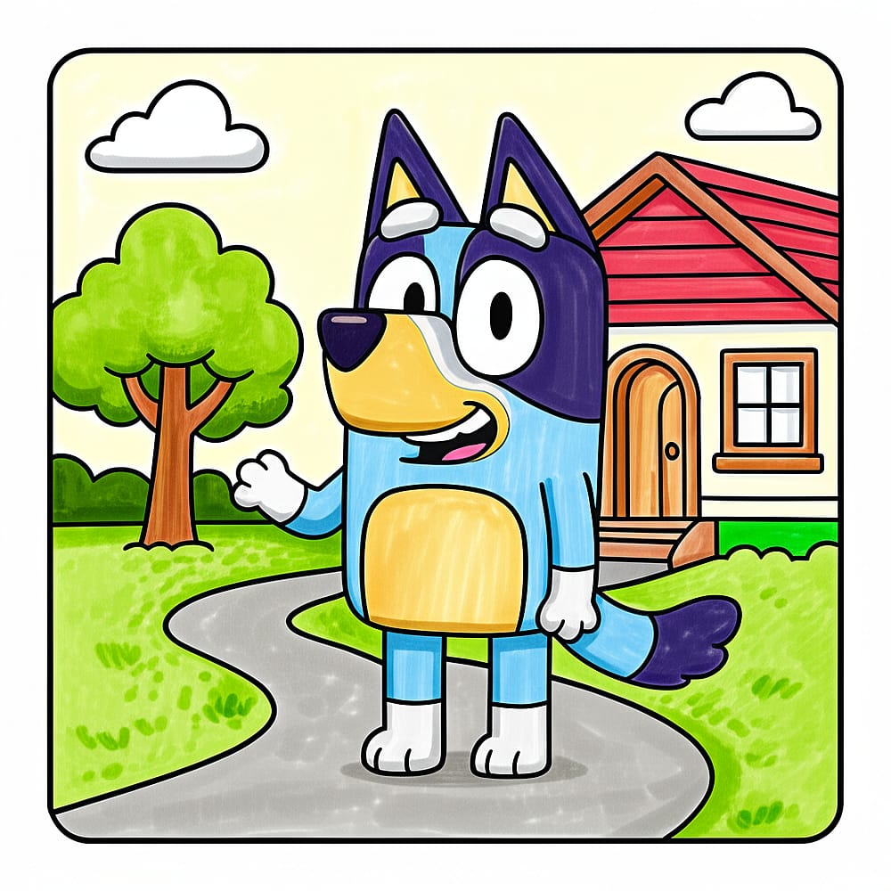 Bluey Waving Hello Coloring Page colored version