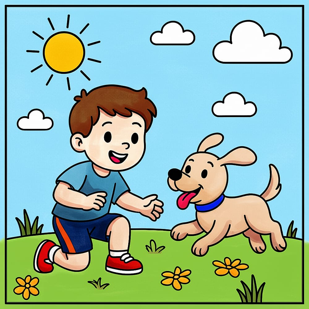 Boy Playing with Puppy Coloring Page colored version