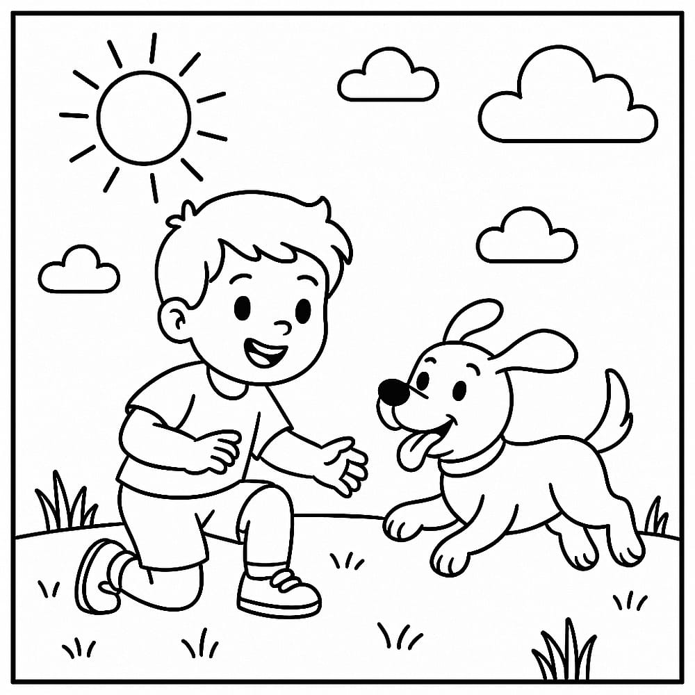 Boy Playing with Puppy Coloring Page coloring page