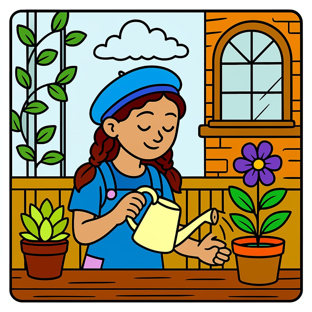 Charming Balcony Gardener Coloring Page colored version