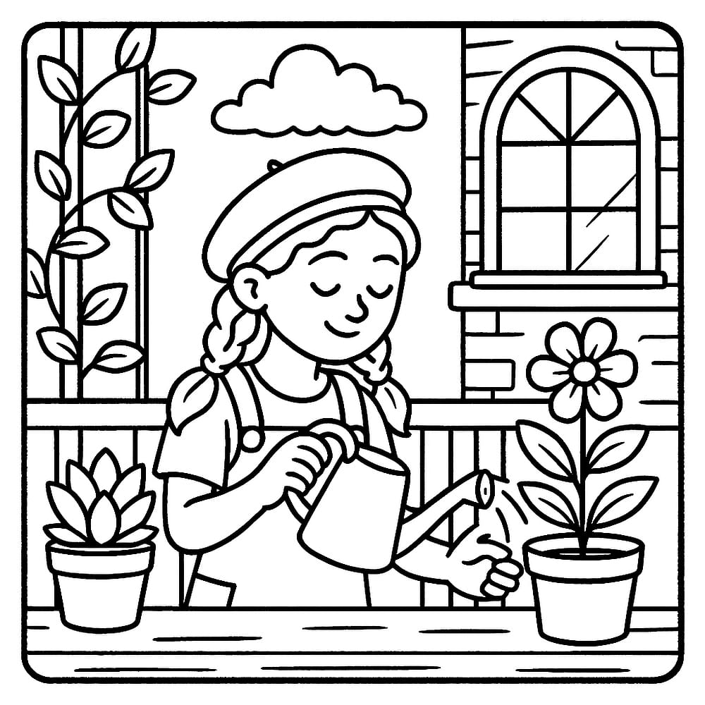 Charming Balcony Gardener Coloring Page coloring page