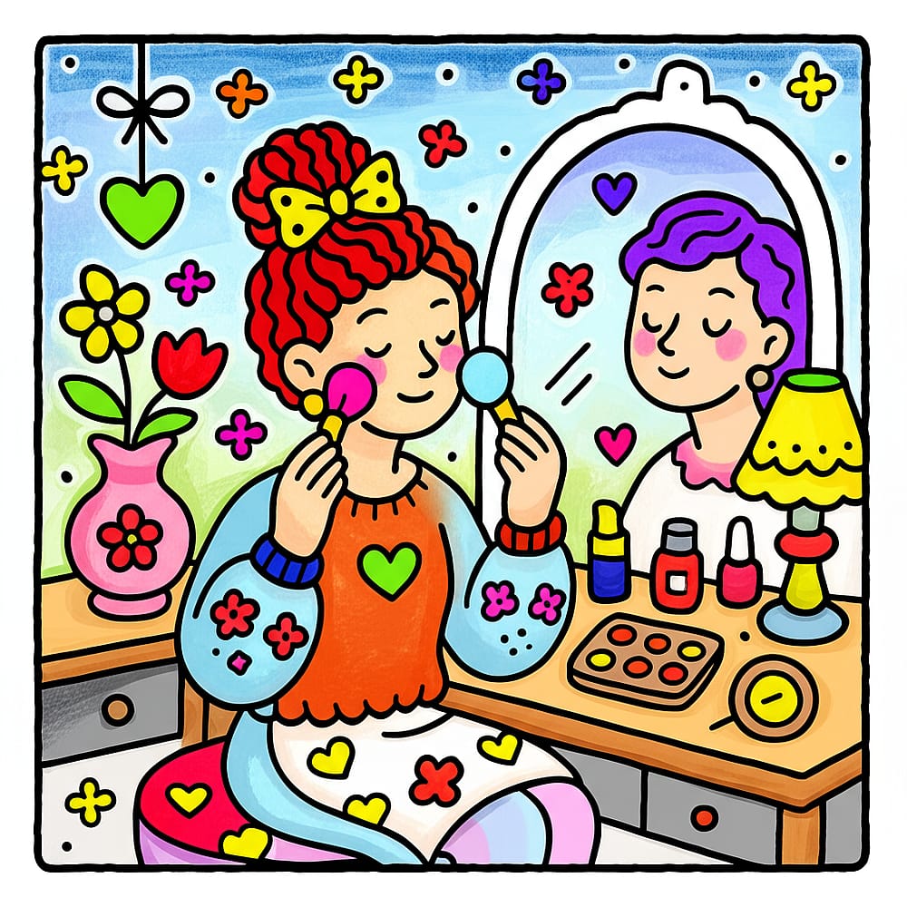 Charming Girl at Her Vanity Coloring Page colored version