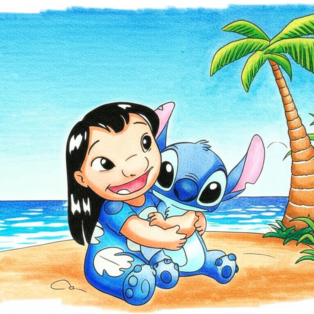Charming Lilo and Stitch Hug Coloring Page colored version