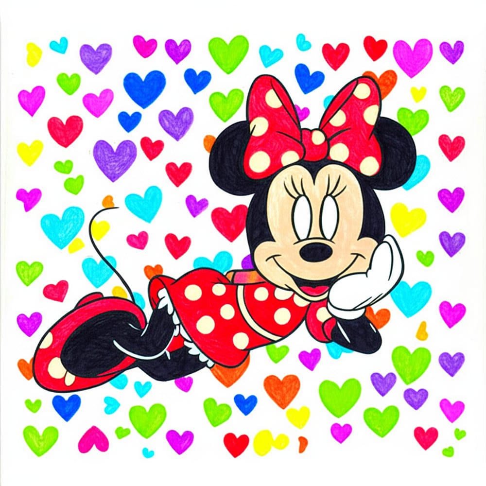 Charming Minnie Mouse with Hearts Coloring Page colored version
