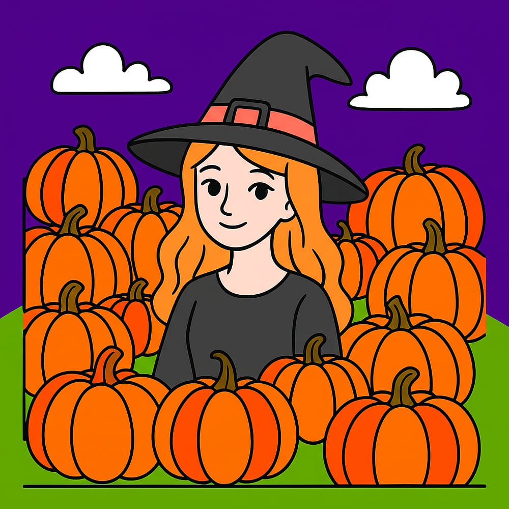 Charming Witch in Pumpkin Patch Coloring Page colored version