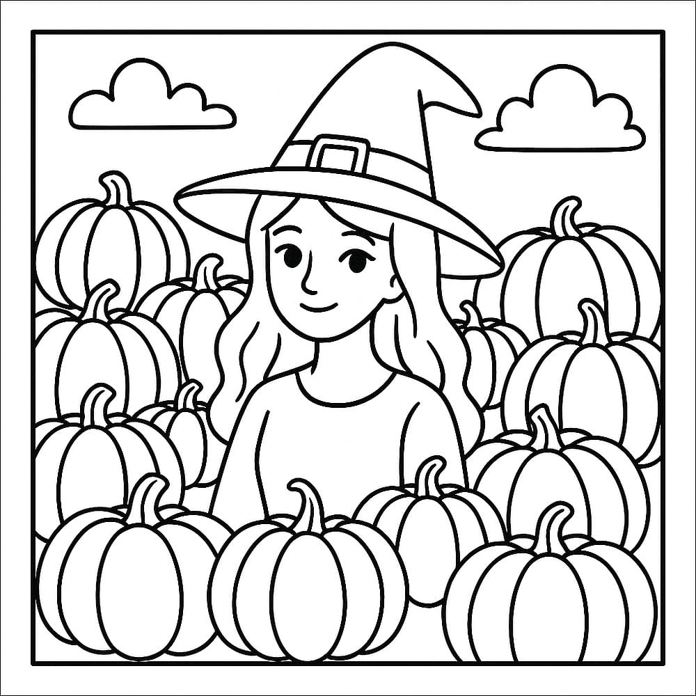 Charming Witch in Pumpkin Patch Coloring Page coloring page