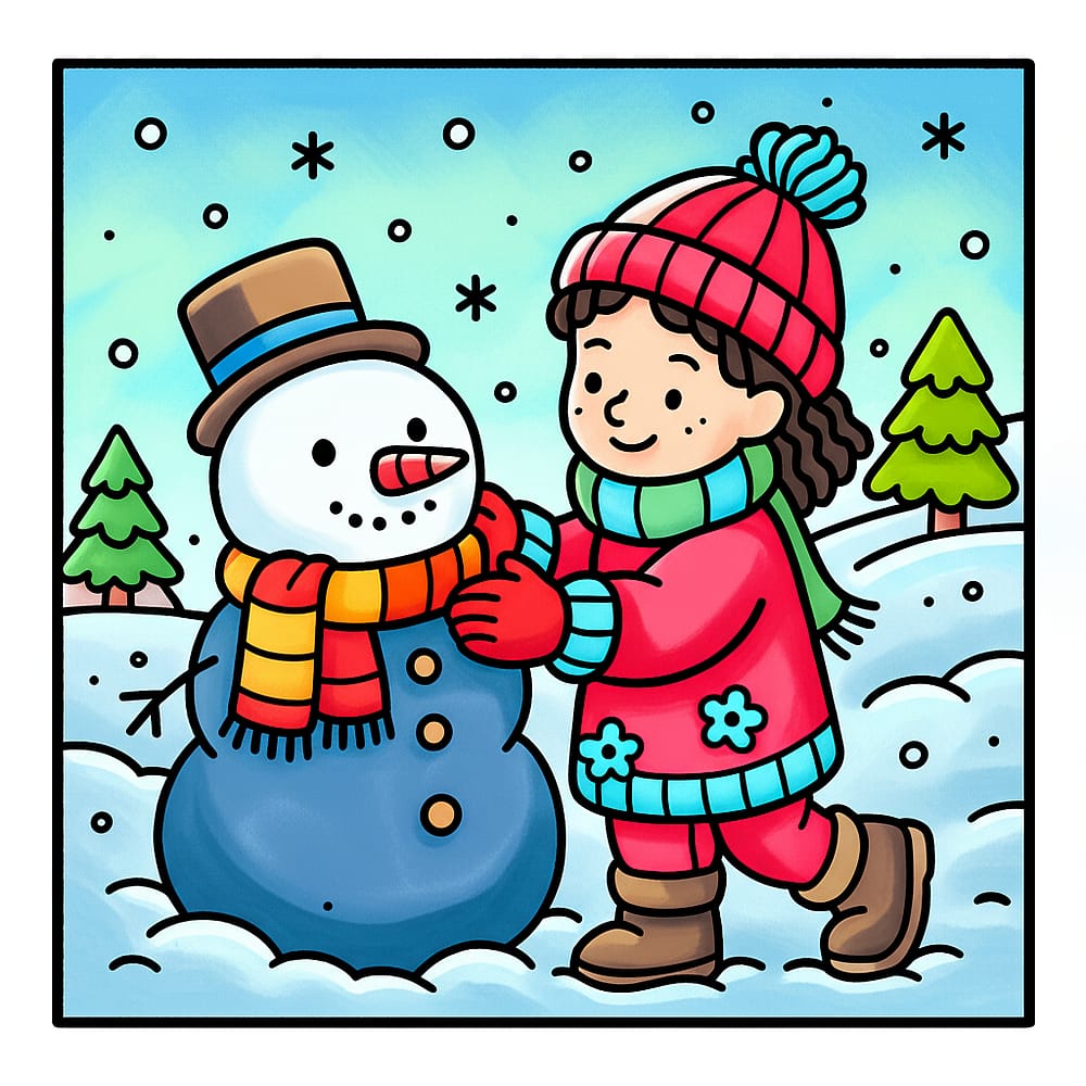 Joyful Child Building Snowman Coloring Page colored version