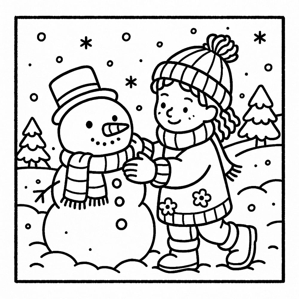 Joyful Child Building Snowman Coloring Page coloring page