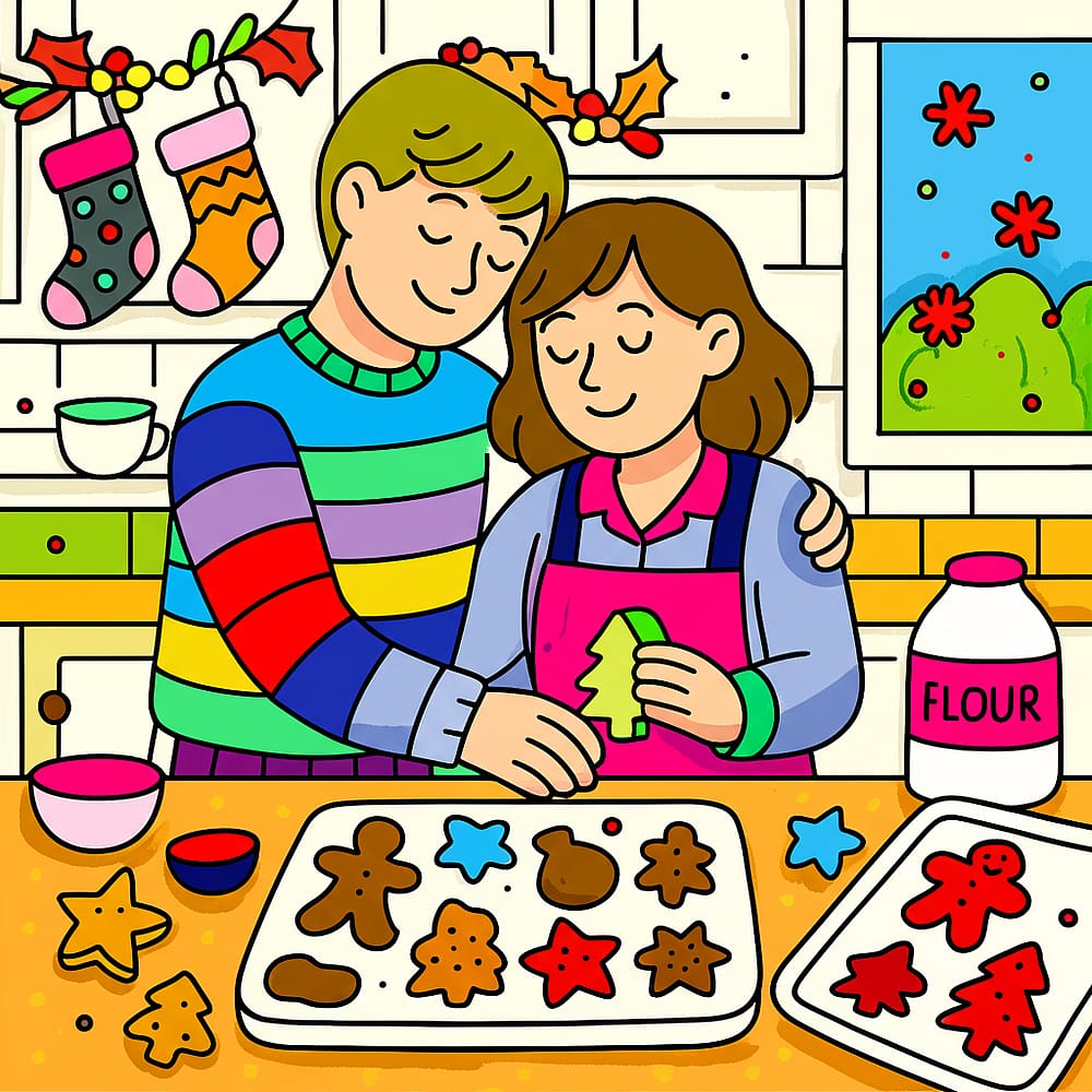 Couple Baking Christmas Cookies Coloring Page colored version