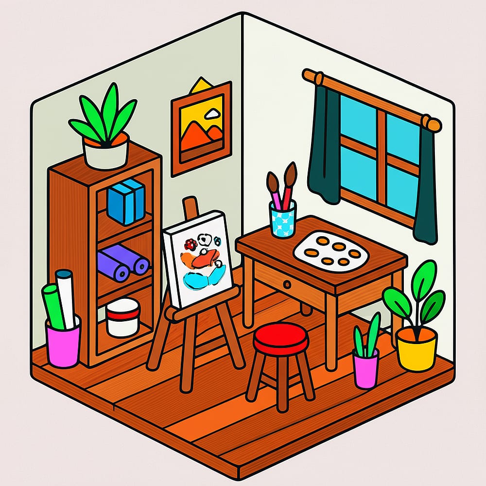 Cozy Artist's Studio Isometric Coloring Page colored version