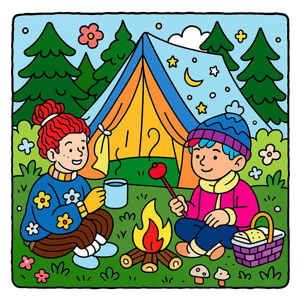 Cozy Campfire Friends Coloring Page colored version