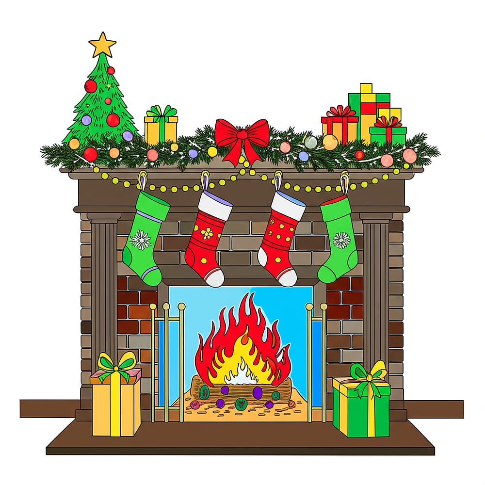Cozy Christmas Fireplace Coloring Page colored version