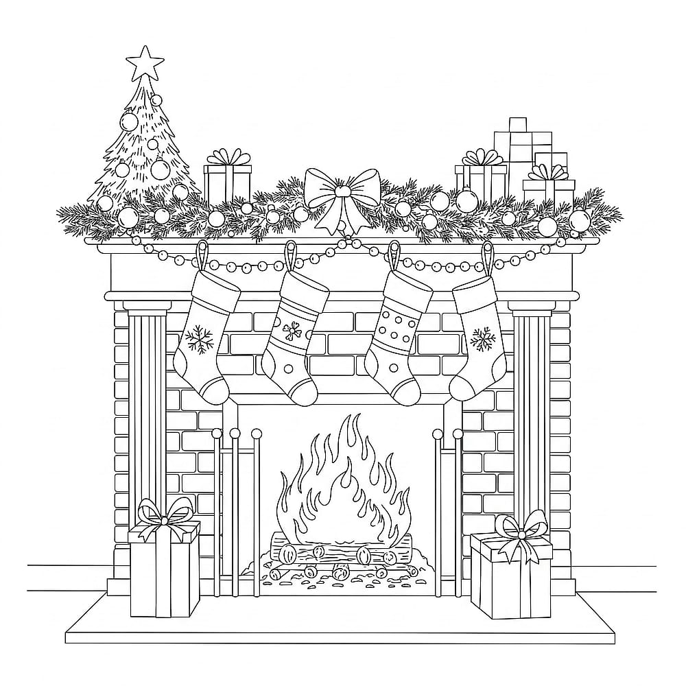 Cozy Christmas Fireplace Coloring Page coloring page