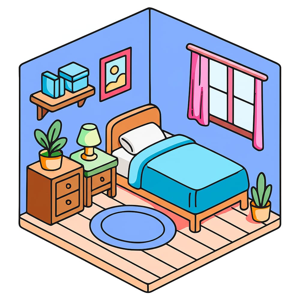 Cozy Isometric Bedroom Escape Coloring Page colored version