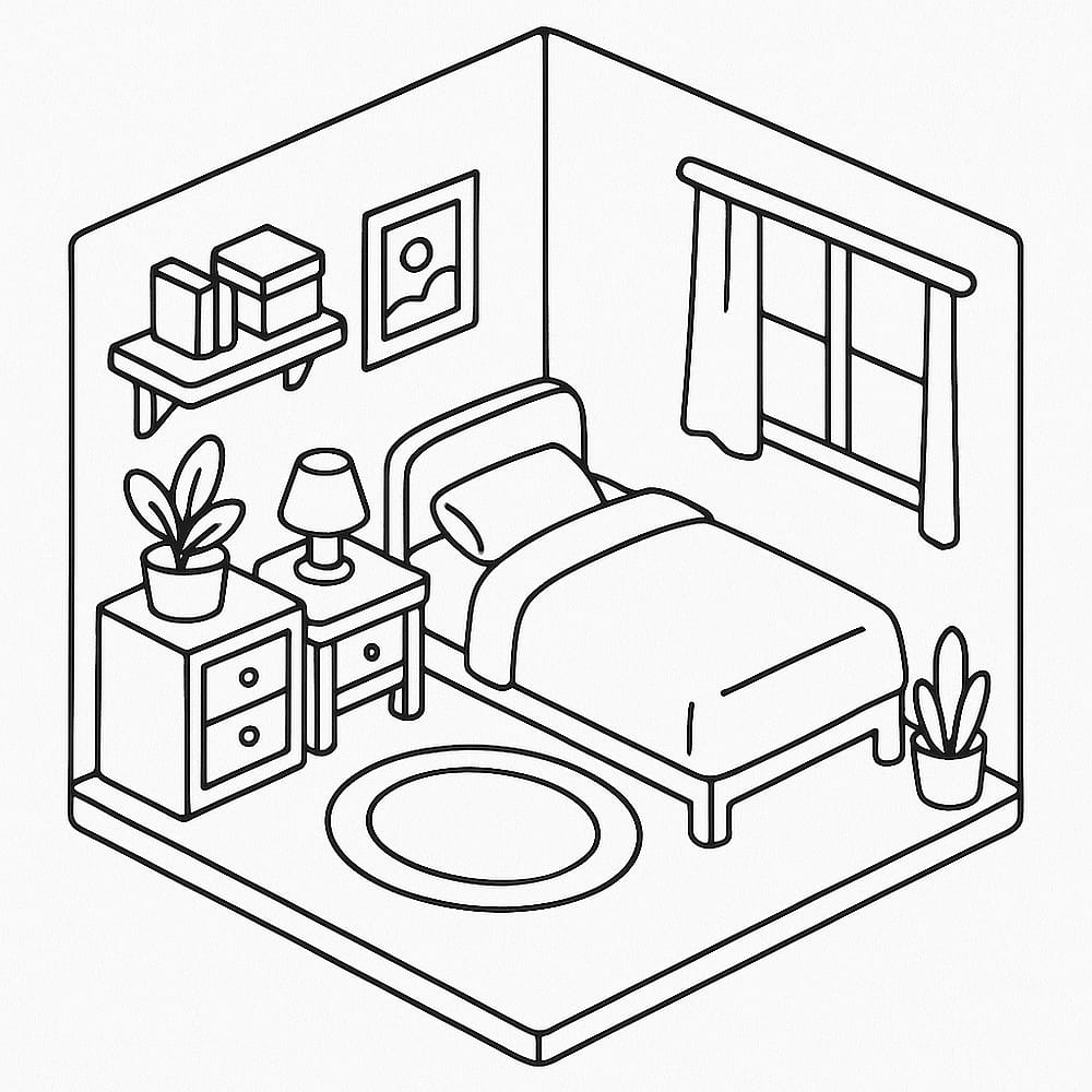 Cozy Isometric Bedroom Escape Coloring Page coloring page