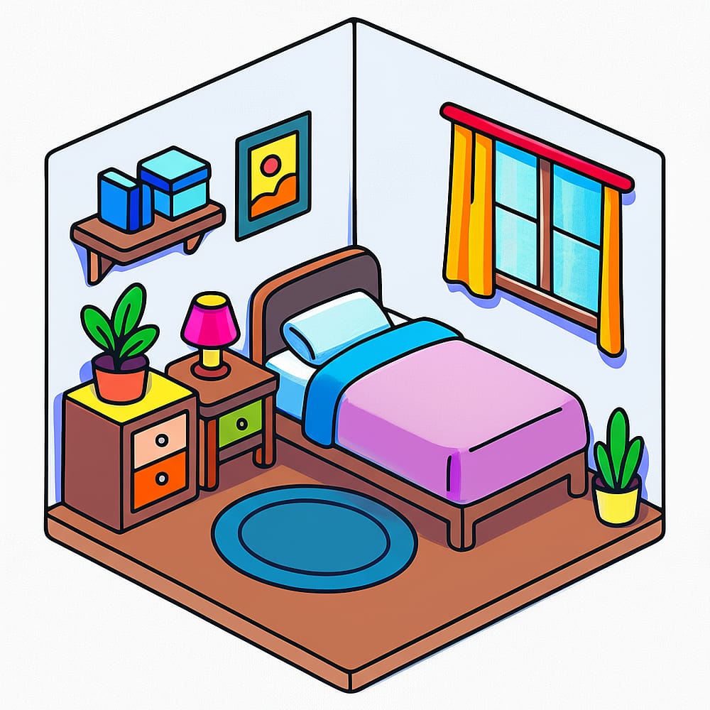 Cozy Isometric Bedroom Getaway Coloring Page colored version