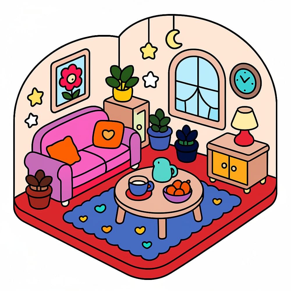 Cozy Kawaii Living Room Coloring Page colored version