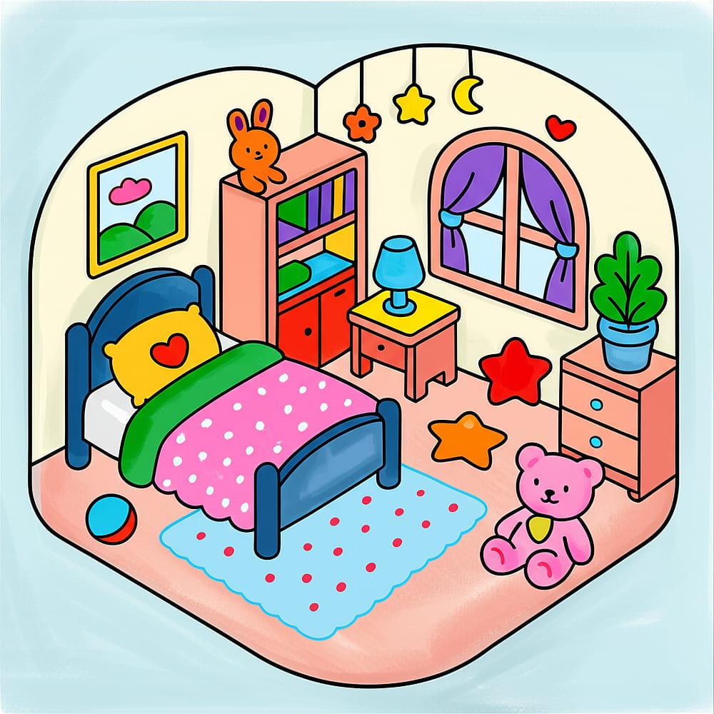 Cozy Kids Bedroom Isometric Coloring Page colored version