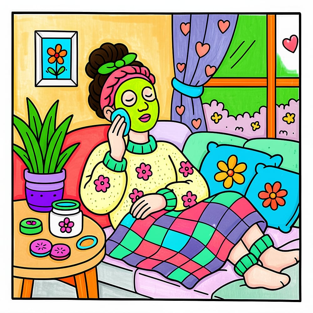 Cozy Self-Care Retreat Coloring Page colored version