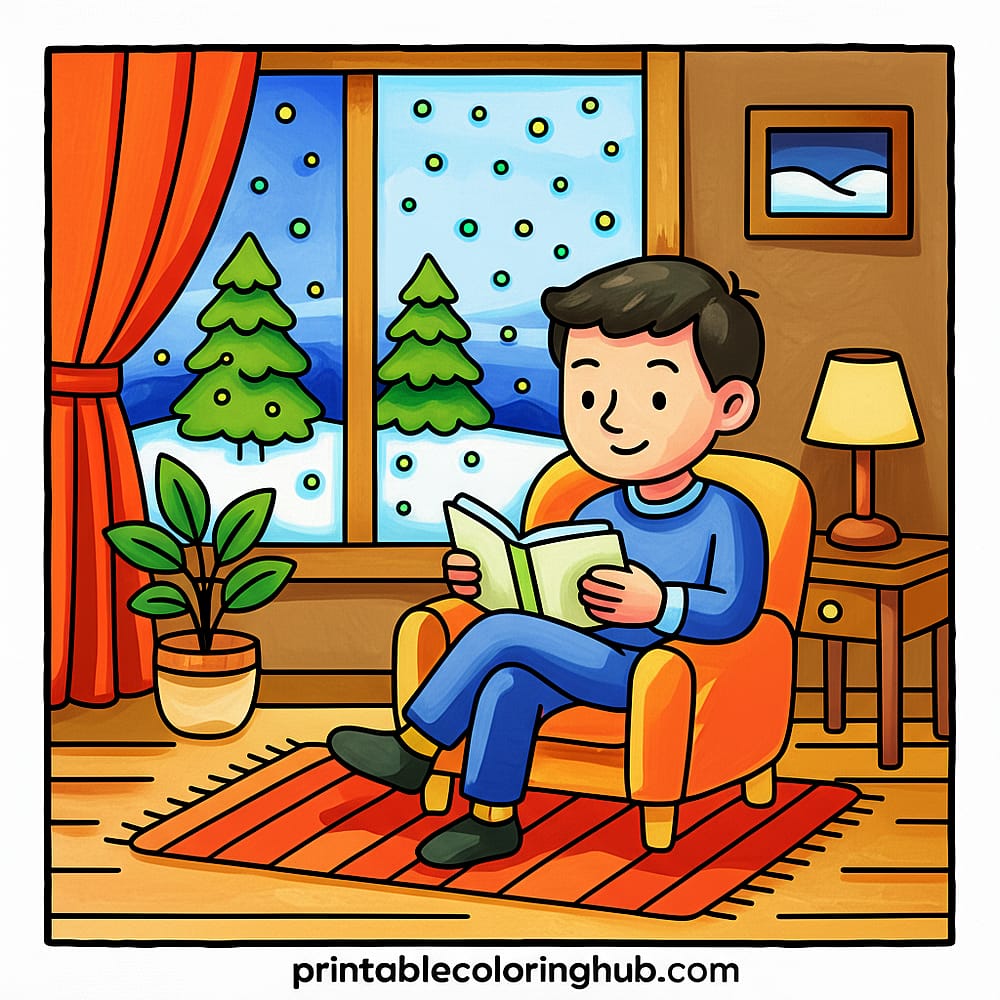 Cozy Winter Reading Nook Coloring Page colored version