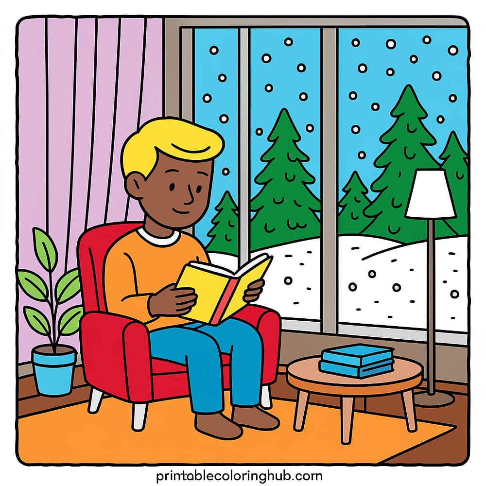 Cozy Winter Reading Scene Coloring Page colored version