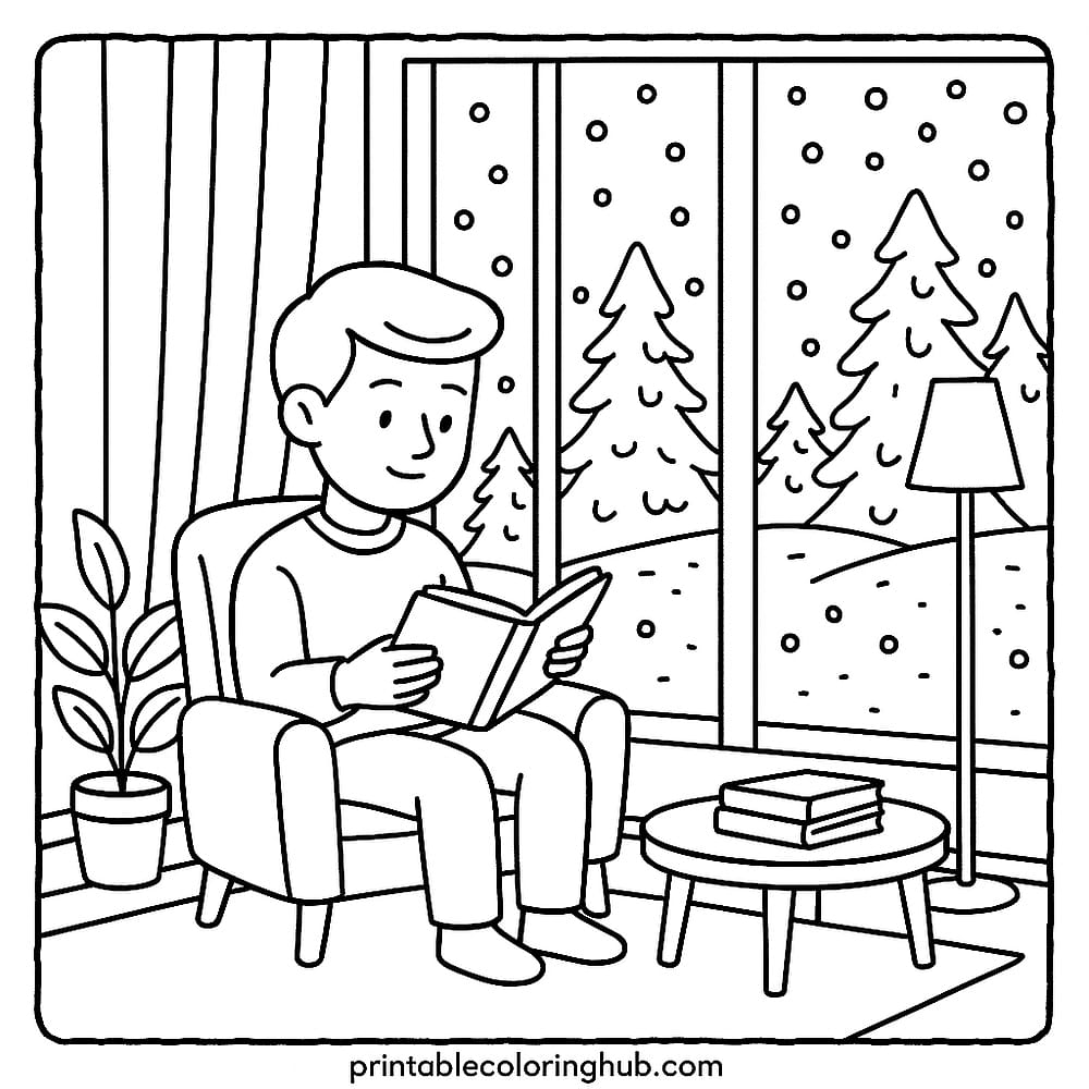 Cozy Winter Reading Scene Coloring Page coloring page