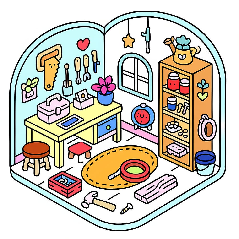 My Cozy Workshop Coloring Page colored version