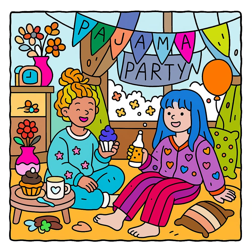 Cozy Pajama Party Friends Coloring Page colored version