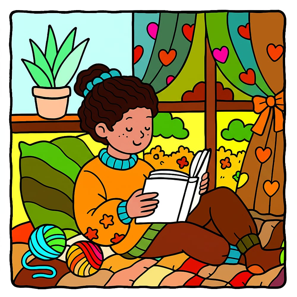 Cozy Reader by the Window Coloring Page colored version
