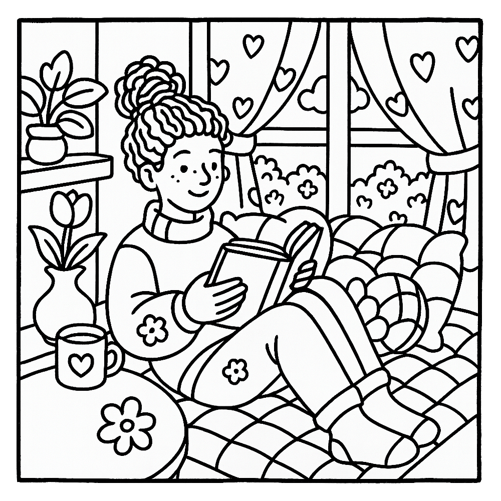 Cozy Reading Nook Bliss Coloring Page coloring page