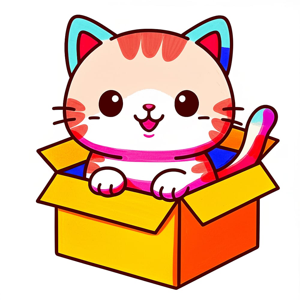 Curious Cat in a Box Coloring Page colored version