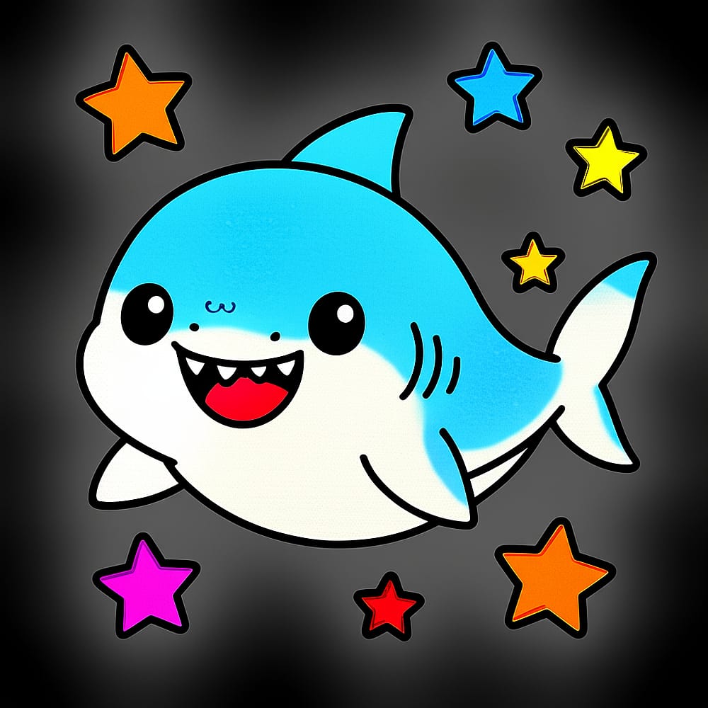 Cute Chibi Shark and Stars Coloring Page colored version