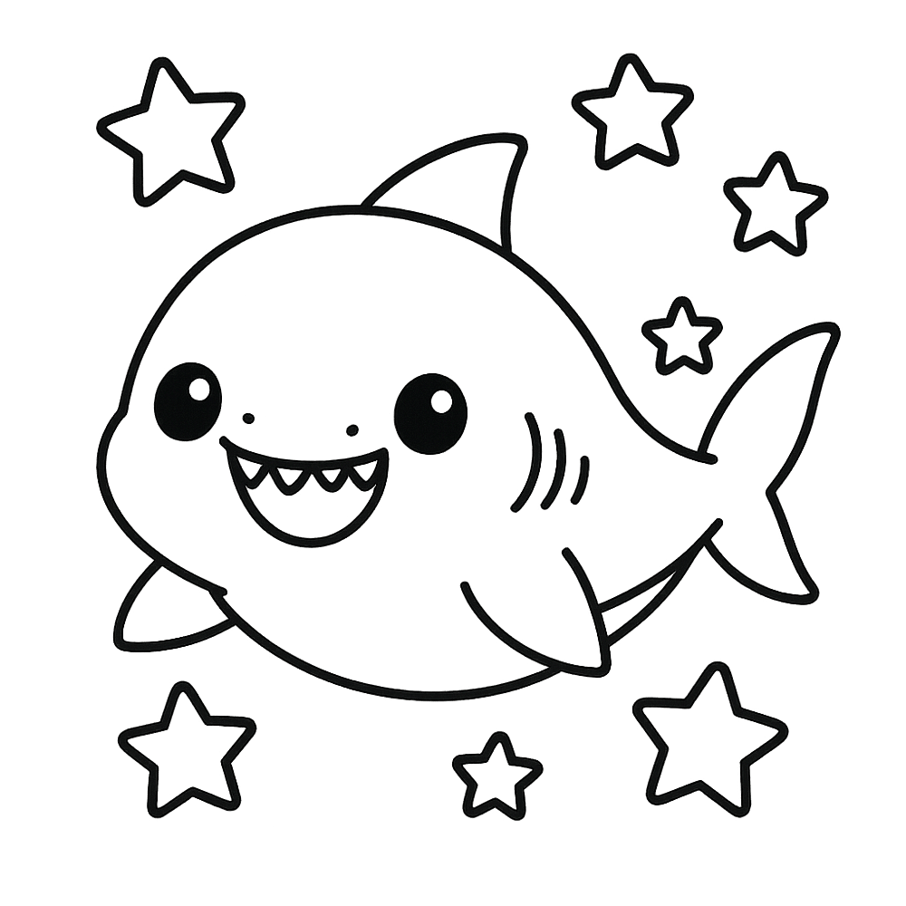 Cute Chibi Shark and Stars Coloring Page coloring page
