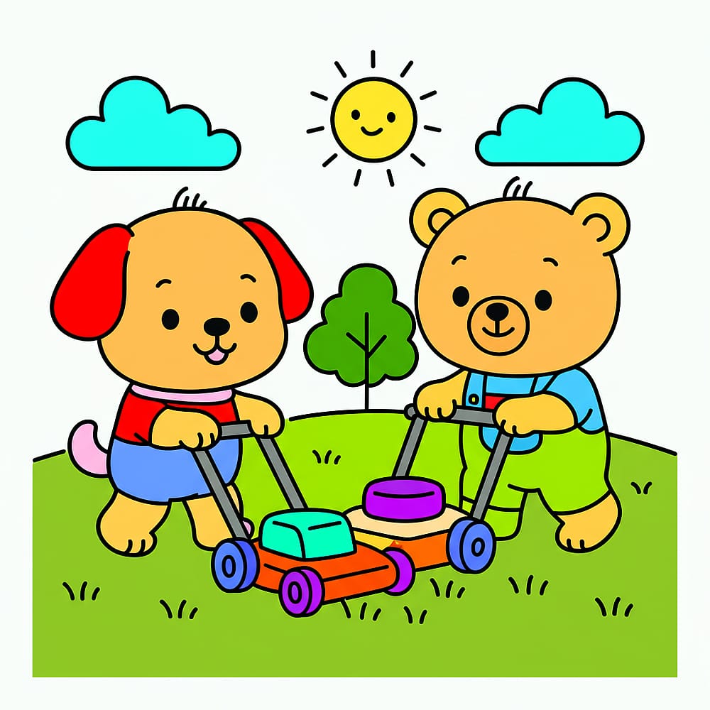 Cute Dog and Bear Mowing Lawn Coloring Page colored version