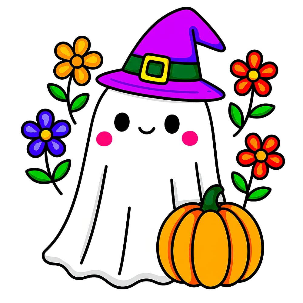 Cute Ghost Witch with Pumpkin Coloring Page colored version